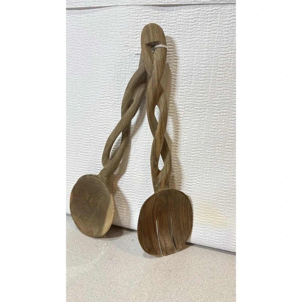 Vintage Teak Wood Salad Serving‎ Fork Spoon Carved Twisted Handles Utensils Used